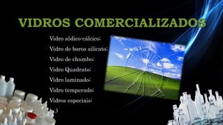 VIDROS COMERCIALIZADOS
Vidro sódico-cálcico;
Vidro de boros silicato;
Vidro de chumbo;
Vidro Quadrato;
Vidro laminado;
Vidro temperado;
Vidros especiais;
(...)
 