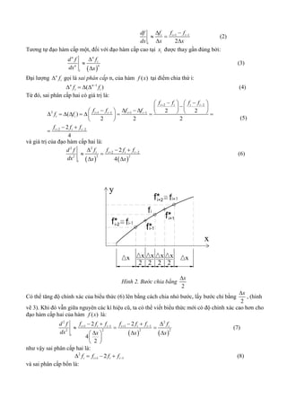 1 1
2
i i i
i
f f fdf
dx x x
  
 
 
(2)
Tương tự đạo hàm cấp một, đối với đạo hàm cấp cao tại ix được thay gần đúng bởi:
 
nn
i
nn
i
fd f
dx x



(3)
Đại lượng n
if gọi là sai phân cấp n, của hàm ( )f x tại điểm chia thứ i:
1
( )n n
i if f
    (4)
Từ đó, sai phân cấp hai có giá trị là:
2 2
2 1 1 1 1
2 2
2 2
( )
2 2 2
2
4
i i i i
i i i i
i i
i i i
f f f f
f f f f
f f
f f f
 
   
 
    
                    
 
 

(5)
và giá trị của đạo hàm cấp hai là:
   
22
2 2
2 22
2
4
i i i i
i
f f f fd f
dx x x
   
 
 
(6)
fi
f*i-1
f*i+1
fi-1f*i-2
fi+1f*i+2
x x
2
x
2
x
2
x
2
x
x
y
Hình 2. Bước chia bằng
2
x
Có thể tăng độ chính xác của biểu thức (6) lên bằng cách chia nhỏ bước, lấy bước chỉ bằng
2
x
, (hình
vẽ 3). Khi đó vẫn giữa nguyên các kí hiệu cũ, ta có thể viết biểu thức mới có độ chính xác cao hơn cho
đạo hàm cấp hai của hàm ( )f x là:
   
22
1 1 1 1
2 2 22
2 2
4
2
i i i i i i i
i
f f f f f f fd f
dx x xx
       
  
  
 
 
(7)
như vậy sai phân cấp hai là:
2
1 12i i i if f f f     (8)
và sai phân cấp bốn là:
 