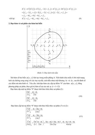          
     
4 2 2 2 2 2 2
1 1 1 1
2 1 1 1 1 2
2 1 1 2
2 2
2 2 2 2
4 6 4
i i i i i i i i
i i i i i i i i i
i i i i i
f f f f f f f f
f f f f f f f f f
f f f f f
   
     
   
              
         
    
viết lại: 4
2 1 1 24 6 4i i i i i if f f f f f         (9)
2. Đạo hàm và sai phân của hàm hai biến
x x x
y
y
y
x
y
103
7
11
5
9
26
10
8
12
4
T1B1N1
T4
B4
N4
T3 B3 N3
T2
B2
N2
Hình 3. Chia lưới trên tấm
Xét hàm số hai biến  ,x y liên tục trong miền phẳng A. Tiến hành chia miền A bởi một mạng
lưới các đường song song với các trục tọa độ, cách đều nhau một khoảng x và y , sau đó đánh số
các điểm nút như hình vẽ . Yêu cầu: tính đạo hàm các cấp tại điểm “0” của hàm  ,x y , bằng
phương pháp sai phân, theo giá trị hàm số tại các nút ( 1 12)i i  
Đạo hàm cấp một tại điểm “0” được tính theo biểu thức sai phân (2) :
1 3
0
2 4
0
2
2
x x
y y
 
 

  

 
  
(10)
Đạo hàm cấp hai tại điểm “0” được tính theo biểu thức sai phân (7) và (2) :
 
 
2
1 0 3
22
0
2
2 0 4
22
0
2
1 3 5 8 6 7 5 6 7 8
0
2
2
( ) ( )
2 2 .2 4
x x
y y
x y y x x y x y
  
  
          
  

 

 

 

                     
(11)
 