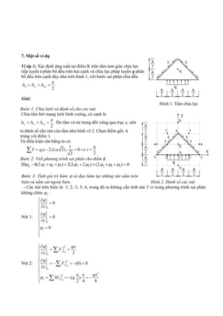 7. Một số ví dụ
Ví dụ 1: Xác định ứng suất tại điểm K trên tấm tam giác chịu lực
tiếp tuyến t phân bố đều trên hai cạnh và chịu lực pháp tuyến q phân
bố đều trên cạnh đáy như trên hình 1, với bước sai phân chia đều
2
x y xy
a
      .
Giải:
Hình 1. Tấm chịu lực
Bước 1: Chia lưới và đánh số cho các nút.
Chia tấm bởi mạng lưới hình vuông, có cạnh là
2
x y xy
a
      . Do tấm và tải trọng đối xứng qua trục y, nên
ta đánh số cho nút của tấm như hình vẽ 2. Chọn điểm gốc A
trùng với điểm 1.
Từ điều kiện cân bằng ta có:
1
. 2.( . 2). 0
22
q
Y q a t a t    
Bước 2: Viết phương trình sai phân cho điểm K.
5 6 1 7 2 4 8 920 8(2. ) 2(2. 2. ) (2. ) 0K                
Bước 3: Tính giá trị hàm  và đạo hàm tại những nút nằm trên
biên và nằm sát ngoài biên. Hình 2. Đánh số các nút
- Các nút trên biên là: 1; 2; 3; 5; 6, trong đó ta không cần tính nút 3 vì trong phương trình sai phân
không chứa 3 .
Nút 1:
1
1
1
0
0
0
x
y




 




 


Nút 2:
2
2
2
2
2
2
2 2
2
(0) 0
( . ).
2 4 8
y A
x A
A
qa
F
x
F
y
a a qa
M q




  


    


   




a
2
a
2
a
2
a
2
q
t t
K
a
2
a
2
1
K
23
4
5
67
8
2 3
4
5
7
A
a
2
a
2
9a
x
y
2
a
2
a
2
a
2
a
2
a
2
q
t t
 