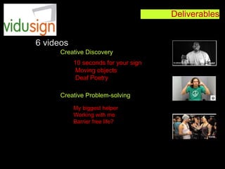 Deliverables
10 seconds for your sign
Moving objects
Deaf Poetry
My biggest helper
Working with me
Barrier free life?
6 videos
Creative Discovery
Creative Problem-solving
 
