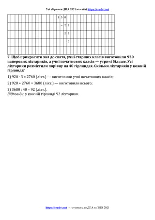 Усі збірники ДПА 2021 на сайті https://erudyt.net
https://erudyt.net – готуємось до ДПА та ЗНО 2021
1 5 0
– 2 5
2 5
0
7. Щоб прикрасити зал до свята, учні старших класів виготовили 920
паперових ліхтариків, а учні початкових класів — утричі більше. Усі
ліхтарики розмістили порівну на 40 гірляндах. Скільки ліхтариків у кожній
гірлянді?
1) 920 · 3 = 2760 (ліхт.) — виготовили учні початкових класів;
2) 920 + 2760 = 3680 (ліхт.) — виготовили всього;
2) 3680 : 40 = 92 (ліхт.).
Відповідь: у кожній гірлянді 92 ліхтарики.
 