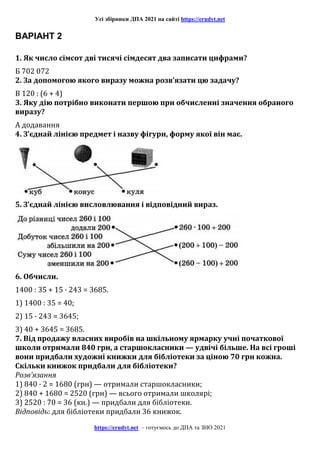 Усі збірники ДПА 2021 на сайті https://erudyt.net
https://erudyt.net – готуємось до ДПА та ЗНО 2021
ВАРІАНТ 2
1. Як число сімсот дві тисячі сімдесят два записати цифрами?
Б 702 072
2. За допомогою якого виразу можна розв’язати цю задачу?
В 120 : (6 + 4)
3. Яку дію потрібно виконати першою при обчисленні значення обраного
виразу?
А додавання
4. З’єднай лінією предмет і назву фігури, форму якої він має.
5. З’єднай лінією висловлювання і відповідний вираз.
6. Обчисли.
1400 : 35 + 15 · 243 = 3685.
1) 1400 : 35 = 40;
2) 15 · 243 = 3645;
3) 40 + 3645 = 3685.
7. Від продажу власних виробів на шкільному ярмарку учні початкової
школи отримали 840 грн, а старшокласники — удвічі більше. На всі гроші
вони придбали художні книжки для бібліотеки за ціною 70 грн кожна.
Скільки книжок придбали для бібліотеки?
Розв’язання
1) 840 · 2 = 1680 (грн) — отримали старшокласники;
2) 840 + 1680 = 2520 (грн) — всього отримали школярі;
3) 2520 : 70 = 36 (кн.) — придбали для бібліотеки.
Відповідь: для бібліотеки придбали 36 книжок.
 