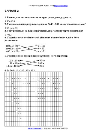 Усі збірники ДПА 2021 на сайті https://erudyt.net
https://erudyt.net – готуємось до ДПА та ЗНО 2021
ВАРІАНТ 2
1. Визнач, яке число записане як сума розрядних доданків.
В 506 428
2. У якому випадку результат ділення 5643 : 100 визначено правильно?
В 56 (ост. 43)
3. Торт розрізали на 12 рівних частин. Яка частина торта найбільша?
Б 7/12
4. З’єднай лінією нерівність чи рівняння зі значенням x, що є його
розв’язком.
5. З’єднай лінією виміри прямокутника і його периметр.
6. 84 208 : 16 – 318 · 15 = 493.
1)
–
8 4 2 0 8 1 6 2)
×
3 1 8 3)
–
5 2 6 3
8 0 5 2 6 3 1 5 4 7 7 0
–
4 2
+
1 5 9 0 4 9 3
3 2 3 1 8
–
1 0 0 4 7 7 0
9 6
–
4 8
4 8
0
 
