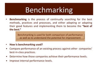 Benchmarking
• Benchmarking is the process of continually searching for the best
methods, practices and processes, and either adopting or adapting
their good features and implementing them to become the “best of
the best.”
• How is benchmarking used?
• Compare performance of an existing process against other companies’
best-in-class practices.
• Determine how those companies achieve their performance levels.
• Improve internal performance levels.
Benchmarking is used for both comparison of performance
as well as to understand the potential for improvement
 