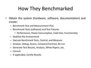 How They Benchmarked
• Obtain the system (hardware, software, documentation) and
create:
– Benchmark Test and Measurement Plan
– Benchmark Tests (software) and Test Fixtures
• Performance, Power Consumption, Code Size, Functionality
– Stabilize the Environment
– Execute Benchmark Tests, Control, and Measure
– Analyze, Debug, Assess, Compare/Contrast, Re-run
– Generate Test Results, Analysis, White Papers, etc.
– Consult
– If applicable, Certify Results
 