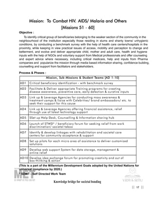 Knowledge bridge for societal bonding
Mission: To Combat HIV. AIDS/ Malaria and Others
[Missions 51 - 60]
Objective :
To identify critical group of beneficiaries belonging to the weaker section of the community in the
neighbourhood of the institution especially those residing in slums and shanty towns/ unhygienic
conditions, by conducting a benchmark survey with the help of health care centers/hospitals in the
proximity, while keeping in view practical issues of access, mobility and perception to change and
betterment, and evolve and deliver appropriate child, mother and adult care, health and hygiene
inputs with the help of NGOs and voluntary support from Medical professionals and offer counseling
and expert advice where necessary, including critical medicare, help and inputs from Pharma
companies and popularize the mission through media based information sharing, confidence building,
counselling and support from facilitators and stakeholders.
Process & Phases :
(This is a part of the Millennium Development Goals adopted by the United Nations for
universal compliance by 2020.)
* SDWT - Self Directed Work Team
17|| ||
MMiissssiioonn,, SSuubb-MMiissssiioonnss && SSttuuddeenntt TTeeaammss [[AADD 11-1100]]
AD1 Critical beneficiary identification - with benchmark survey
AD2 Facilitate & Deliver appropriate Training programs for creating
disease awareness, preventive care, early detection & curative inputs
AD3 Link up & Leverage Agencies for conducting mass awareness &
treatment camps & liaise with Celebrities/ brand ambassadors/ etc. to
seek their support for this cause
AD4 Link up & Leverage Agencies offering financial assistance, relief
through use of latest technology support
AD5 SSet up Help Desk, Counselling & Information sharing hub
AD6 Launch of STWD* / beneficiary forum for seeking relief from work
discrimination/ societal taboo
AD7 Identify & develop linkages with rehabilitation and societal care
centers for community acceptance & support
AD8 Set up pilots for each micro area of assistance to deliver customized
solutions
AD9 Develop web support System for data storage, management &
online relief
AD10 Develop idea exchange forum for promoting creativity and out of
box thinking & action
 