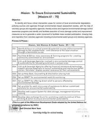 Mission: To Ensure Environmental Sustainability
[Missions 61 - 70]
Objective :
To identify and focus critical intervention areas for control of local environmental degradation,
polluting sources and agencies through environmental impact assessment studies, with the help of
voluntary groups and regulatory agencies, thereby evolve and organize environmental damage control
awareness programs and identify and facilitate execution of micro damage control and improvement
measures so as to generate a wider movement to facilitate mass societal participation, drawing help
and inspiration from voluntary agencies including environmental watch groups and statutory agencies.
Process & Phases :
(This is a part of the Millennium Development Goals adopted by the United Nations for
universal compliance by 2020.)
* SDWT - Self Directed Work Team
Knowledge bridge for societal bonding
19|| ||
MMiissssiioonn,, SSuubb-MMiissssiioonnss && SSttuuddeenntt TTeeaammss [[EESS 11-1100]]
ES1 Identify & focus on critical present & potential sources of Environmental
damage to the neighborhood - with reference to the local situation
through a benchmark survey
ES2 Facilitate & Deliver mass awareness & Training programs for creating
community commitment to environment
ES3 Link up & Leverage Agencies involved in environmental damage control
& sustainability for focused ground work in project area
ES4 Link up & Leverage Agencies offering financial assistance & technology
support services especially to honour outstanding and meritorious benefi
ciaries / felicitate/ display societal reverence for their achievements
ES5 Set up Help Desk, Counselling & Information sharing hub
ES6 Set up SDWT* for environmental watch & monitoring
ES7 Set up SDWT* for offering direct relief to persons affected by
environmental damage
ES8 Set up pilots for each micro area of assistance to deliver customized
solutions for environmental sustainability
ES9 Develop web support System for data storage, management & online
training
ES10 Develop idea exchange forum for promoting creativity and out of box
thinking & action to ensure environmental sustainability
 