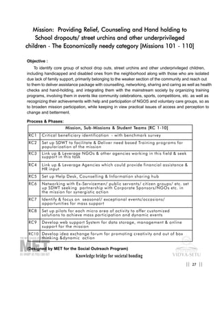 Knowledge bridge for societal bonding
Mission: Providing Relief, Counseling and Hand holding to
School dropouts/ street urchins and other underprivileged
children - The Economically needy category [Missions 101 - 110]
Objective :
To identify core group of school drop outs, street urchins and other underprivileged children,
including handicapped and disabled ones from the neighborhood along with those who are isolated
due lack of family support, primarily belonging to the weaker section of the community and reach out
to them to deliver assistance package with counselling, networking, sharing and caring as well as health
checks and hand-holding, and integrating them with the mainstream society by organizing training
programs, involving them in events like community celebrations, sports, competitions, etc. as well as
recognizing their achievements with help and participation of NGOS and voluntary care groups, so as
to broaden mission participation, while keeping in view practical issues of access and perception to
change and betterment.
Process & Phases:
(Designed by MET for the Social Outreach Program)
27|| ||
MMiissssiioonn,, SSuubb-MMiissssiioonnss && SSttuuddeenntt TTeeaammss [[RRCC 11-1100]]
RC1 Critical beneficiary identification - with benchmark survey
RC2 Set up SDWT to facilitate & Deliver need based Training programs for
popularization of the mission
RC3 Link up & Leverage NGOs & other agencies working in this field & seek
support in this task
RC4 Link up & Leverage Agencies which could provide financial assistance &
HR input
RC5 Set up Help Desk, Counselling & Information sharing hub
RC6 Networking with Ex-Servicemen/ public servants/ citizen groups/ etc. set
up SDWT seeking partnership with Corporate Sponsors/NGOs etc. in
the mission for synergistic action
RC7 Identify & focus on seasonal/ exceptional events/occasions/
opportunities for mass support
RC8 Set up pilots for each micro area of activity to offer customized
solutions to achieve mass participation and dynamic events
RC9 Develop web support System for data storage, management & online
support for the mission
RC10 Develop idea exchange forum for promoting creativity and out of box
thinking &dynamic action
 