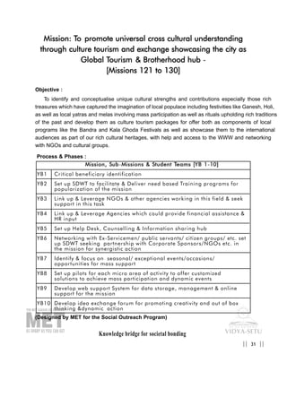 Knowledge bridge for societal bonding
Mission: To promote universal cross cultural understanding
through culture tourism and exchange showcasing the city as
Global Tourism & Brotherhood hub -
[Missions 121 to 130]
Objective :
To identify and conceptualise unique cultural strengths and contributions especially those rich
treasures which have captured the imagination of local populace including festivities like Ganesh, Holi,
as well as local yatras and melas involving mass participation as well as rituals upholding rich traditions
of the past and develop them as culture tourism packages for offer both as components of local
programs like the Bandra and Kala Ghoda Festivals as well as showcase them to the international
audiences as part of our rich cultural heritages, with help and access to the WWW and networking
with NGOs and cultural groups.
Process & Phases :
(Designed by MET for the Social Outreach Program)
31|| ||
MMiissssiioonn,, SSuubb-MMiissssiioonnss && SSttuuddeenntt TTeeaammss [[YYBB 11-1100]]
YB1 Critical beneficiary identification
YB2 Set up SDWT to facilitate & Deliver need based Training programs for
popularization of the mission
YB3 Link up & Leverage NGOs & other agencies working in this field & seek
support in this task
YB4 Link up & Leverage Agencies which could provide financial assistance &
HR input
YB5 Set up Help Desk, Counselling & Information sharing hub
YB6 Networking with Ex-Servicemen/ public servants/ citizen groups/ etc. set
up SDWT seeking partnership with Corporate Sponsors/NGOs etc. in
the mission for synergistic action
YB7 Identify & focus on seasonal/ exceptional events/occasions/
opportunities for mass support
YB8 Set up pilots for each micro area of activity to offer customized
solutions to achieve mass participation and dynamic events
YB9 Develop web support System for data storage, management & online
support for the mission
YB10 Develop idea exchange forum for promoting creativity and out of box
thinking &dynamic action
 