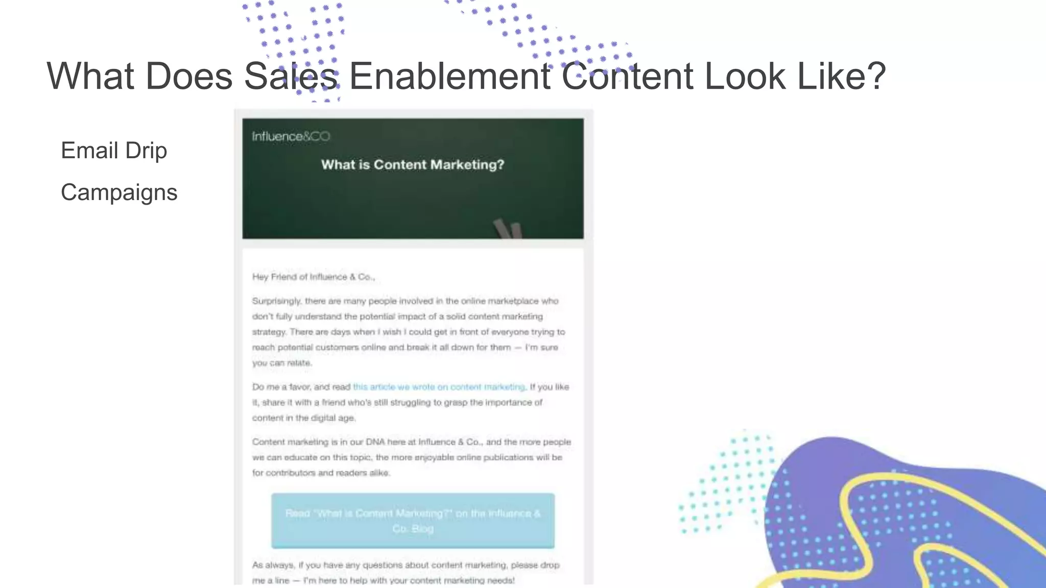 What Does Sales Enablement Content Look Like?
Email Drip
Campaigns
 