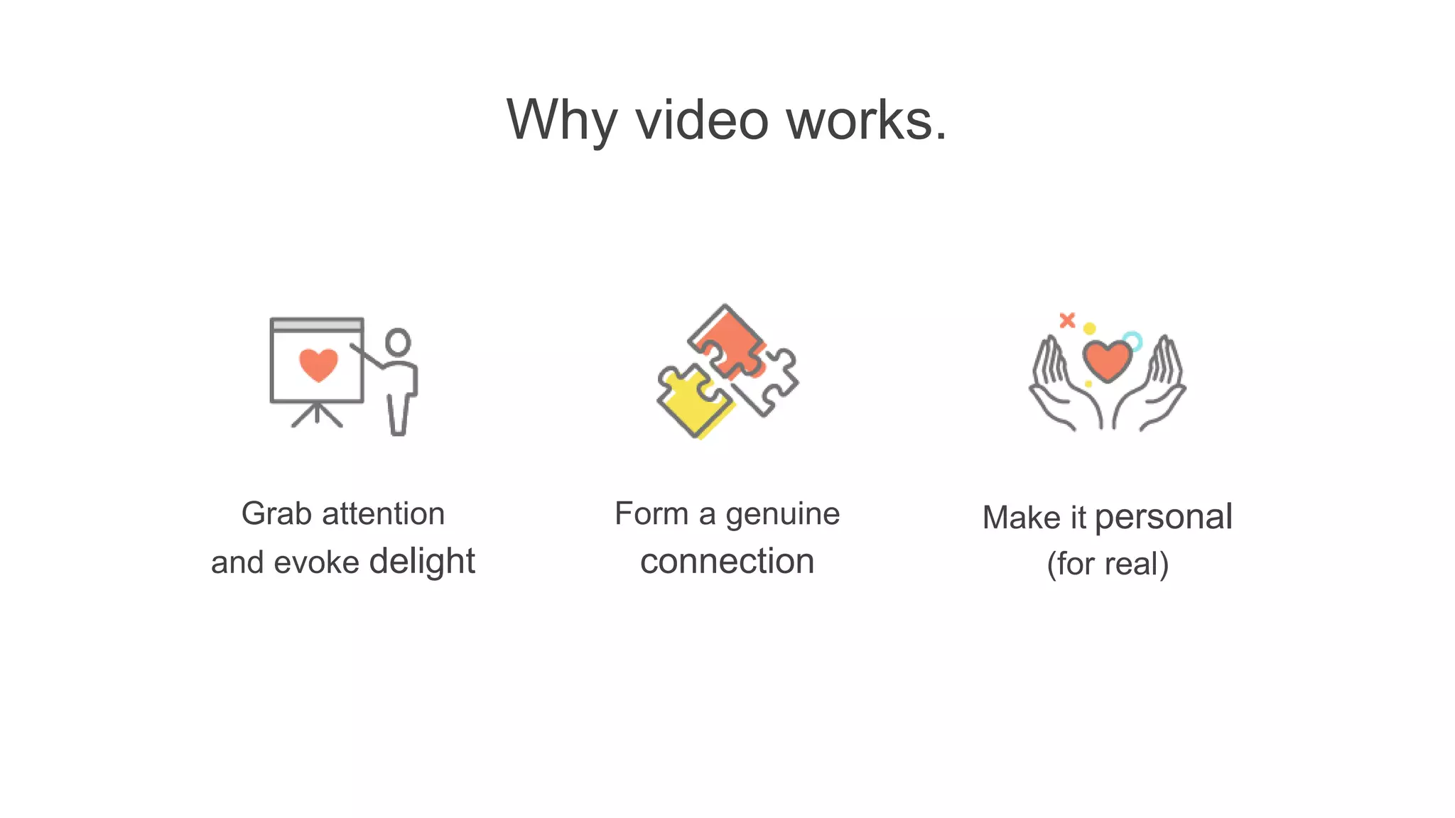 Why video works.
Grab attention
and evoke delight
Form a genuine
connection
Make it personal
(for real)
 