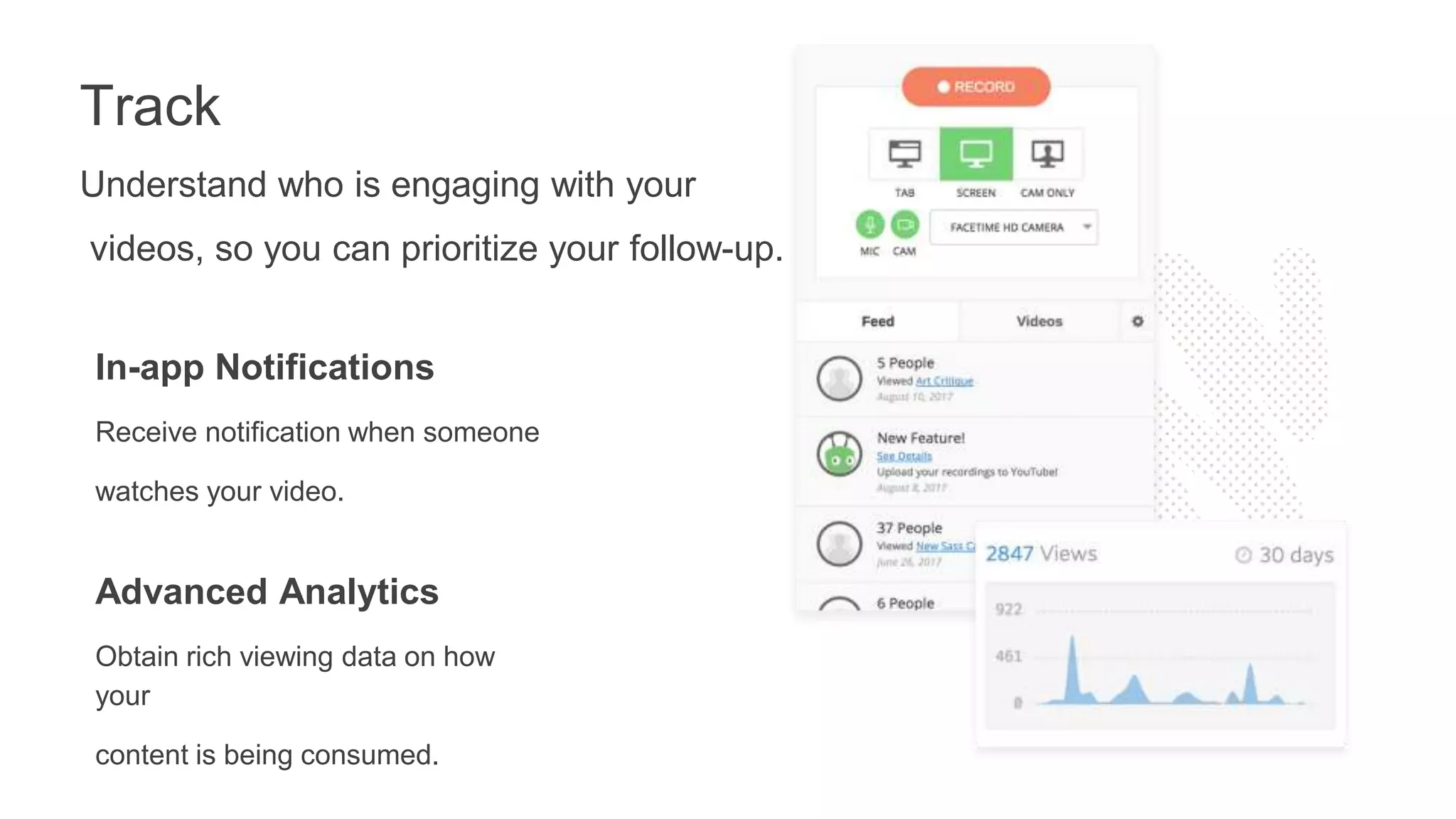 Understand who is engaging with your
videos, so you can prioritize your follow-up.
Track
In-app Notifications
Receive notification when someone
watches your video.
Advanced Analytics
Obtain rich viewing data on how
your
content is being consumed.
 