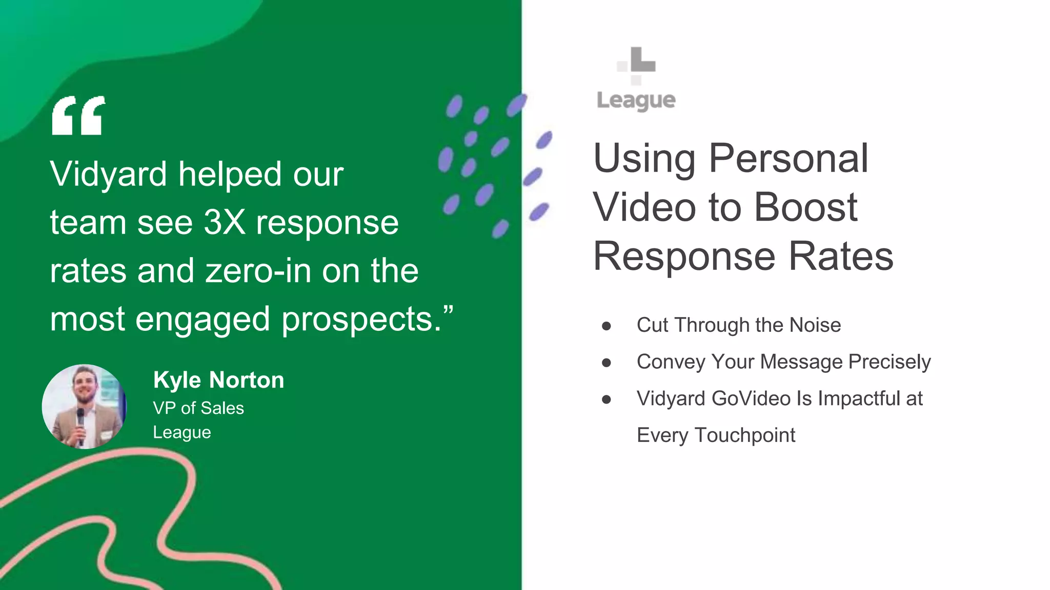 ● Cut Through the Noise
● Convey Your Message Precisely
● Vidyard GoVideo Is Impactful at
Every Touchpoint
Vidyard helped our
team see 3X response
rates and zero-in on the
most engaged prospects.”
Kyle Norton
VP of Sales
League
Using Personal
Video to Boost
Response Rates
 