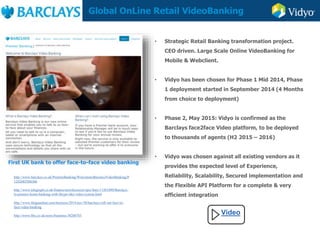 First UK bank to offer face-to-face video banking
http://www.barclays.co.uk/PremierBanking/WelcometoBarclaysVideoBanking/P
1242685504366
http://www.telegraph.co.uk/finance/newsbysector/epic/barc/11261890/Barclays-
to-pioneer-home-banking-with-Skype-like-video-system.html
http://www.theguardian.com/business/2014/nov/30/barclays-roll-out-face-to-
face-video-banking
http://www.bbc.co.uk/news/business-30260765
Video
• Strategic Retail Banking transformation project.
CEO driven. Large Scale Online VideoBanking for
Mobile & Webclient.
• Vidyo has been chosen for Phase 1 Mid 2014, Phase
1 deployment started in September 2014 (4 Months
from choice to deployment)
• Phase 2, May 2015: Vidyo is confirmed as the
Barclays face2face Video platform, to be deployed
to thousands of agents (H2 2015 – 2016)
• Vidyo was chosen against all existing vendors as it
provides the expected level of Experience,
Reliability, Scalability, Secured implementation and
the Flexible API Platform for a complete & very
efficient integration
Global OnLine Retail VideoBanking
 