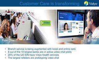Customer Care is transforming
• Branch service is being augmented with kiosk and online care
• 8 out of the 10 largest banks are in active video chat pilots
• 20% of the US IDN have Vidyo health services
• The largest retailers are prototyping video chat
From This… To This!
Video
 