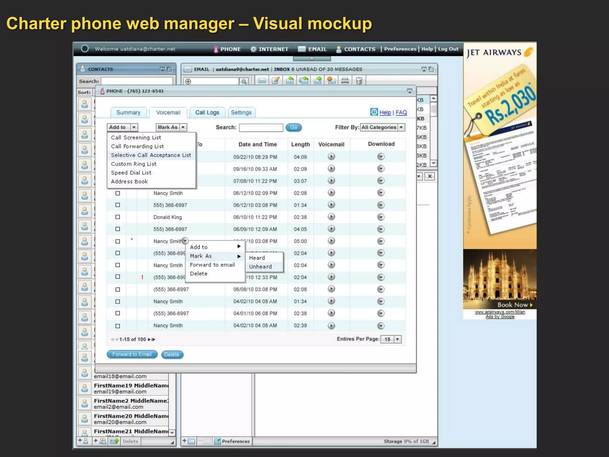 Charter phone web manager – Visual mockup
 