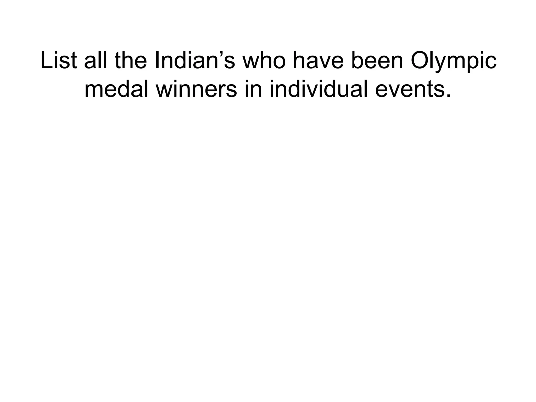 List all the Indian’s who have been Olympic
medal winners in individual events.
 