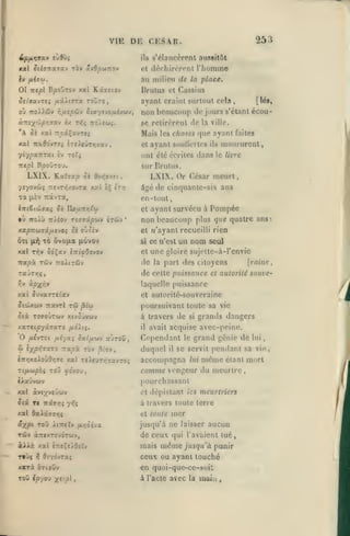 253

VIE DE CESAR.
ils

^(iïTTaîav t5v âvBpunov

xacl

s'élancèrent aussitôt

au milieu de
01

l'homme

et d«''chiri'rotil

"KtpX B/soÛTOtf xal KâTfftov

place.

la

Brutus et Cassius
ayant craint surtout cela

où TToiiûv r.fxspûv iiayîvo/iivwv,
à:rsxwpy;ffav «x TrJç itdiiûjç.

*A ûî xat TTcxçxvTe;

et

yéypxmxi
irepl

Ta

HpoÛTOU.

iJLiV

TTfvTïîxovTflC

xai ÊÇ

LXIX. Or César meurt,

ct/j

lîâvTa,

âgé de cinquante-six ans
en-tout
et

*

si

ce n'est

et

TÔJV TTOitTÛV

de colle puissance
r,v

àp^ry

Jicôxwv Tiavrl

poursuivant toute sa vie

ô(à TOaoÛTuy xiyoûvojv

à travers de
il

fxivTOi

/xôXii.

iJ-i/xi cxifioiv

âx/'*»'3tT0

xal TcieuTyjîavTo^

TOU fOVQ-J,

oix T€ Trâyrjî

yr,ç

xal B<xXx77r,i

Cependant
duquel

il

le

grand génie de

lui

même

à travers toute terre

de ceux

mais

t7r€;j/0«Iv

(jui

l'avaient tué,

même jusqu'à

punir

ceux ou ayant touché

T«Jî ^ Of/ovraç

xaTz &TioOv
x*'/'^

mer

jusqu'à ne laisser aucun

àiià xal

en quoi-quc-ce-soit
»

à l'acte avec la

maia

«

mort

étant

comme vengeur du meurtre

et toute

AtTTStv a/;o£va

lui

se servit pendant sa vie,

accompagna

Tûy àncxTOvoTwv,

TOw t/jyou

grands dangers

et «lépistant les meurtriers

xal ocviyjsûuv

ô-XP^

si

avait acquise avec-peine.

pourchassant

ilavvuv

'^'^^

auToO,

Tvxpk ràv ^lov,

ii:r,KoXQjOr,(jt

TlfMttpOi

souie-

et autorité-souveraine

tû âtw

KXTtipyijxro

O

et autorilé

laquelle puissance

xai Juvayretav

w

ans*,

un nom seul
une gloire sujettc-à-rcnvie
[rawe
de la part des citoyens

Tû ôvoiia |i6vov

xal TT^v SdÇav InifQovov

KXpx

ayant survécu à Pompée

non beaucoup plus que quatre
et «'ayant recueilli rien

xapizùtaiiievOi cî oùôèv
(tî')

moururent,

ils

sur Brutus.
ôè ôy>j»/et,

•0 îToAù nXiov rtsaipuv tràiv

0T(

ayant soullerlrs

ont été écrites dans le livre

iv toî^

LXIX. Kaïyap
y«yovw{

[lé..

,

non beaucoup de jours s'étant écouse retirèrent de la ville.
Mais les choses que ayant faites

,

 