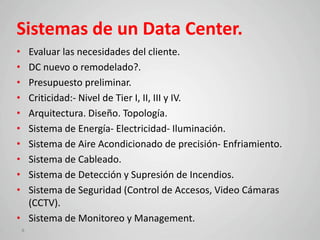 Sistemas de un Data Center.
• Evaluar las necesidades del cliente.
• DC nuevo o remodelado?.
• Presupuesto preliminar.
• Criticidad:- Nivel de Tier I, II, III y IV.
• Arquitectura. Diseño. Topología.
• Sistema de Energía- Electricidad- Iluminación.
• Sistema de Aire Acondicionado de precisión- Enfriamiento.
• Sistema de Cableado.
• Sistema de Detección y Supresión de Incendios.
• Sistema de Seguridad (Control de Accesos, Video Cámaras
  (CCTV).
• Sistema de Monitoreo y Management.
    6
 