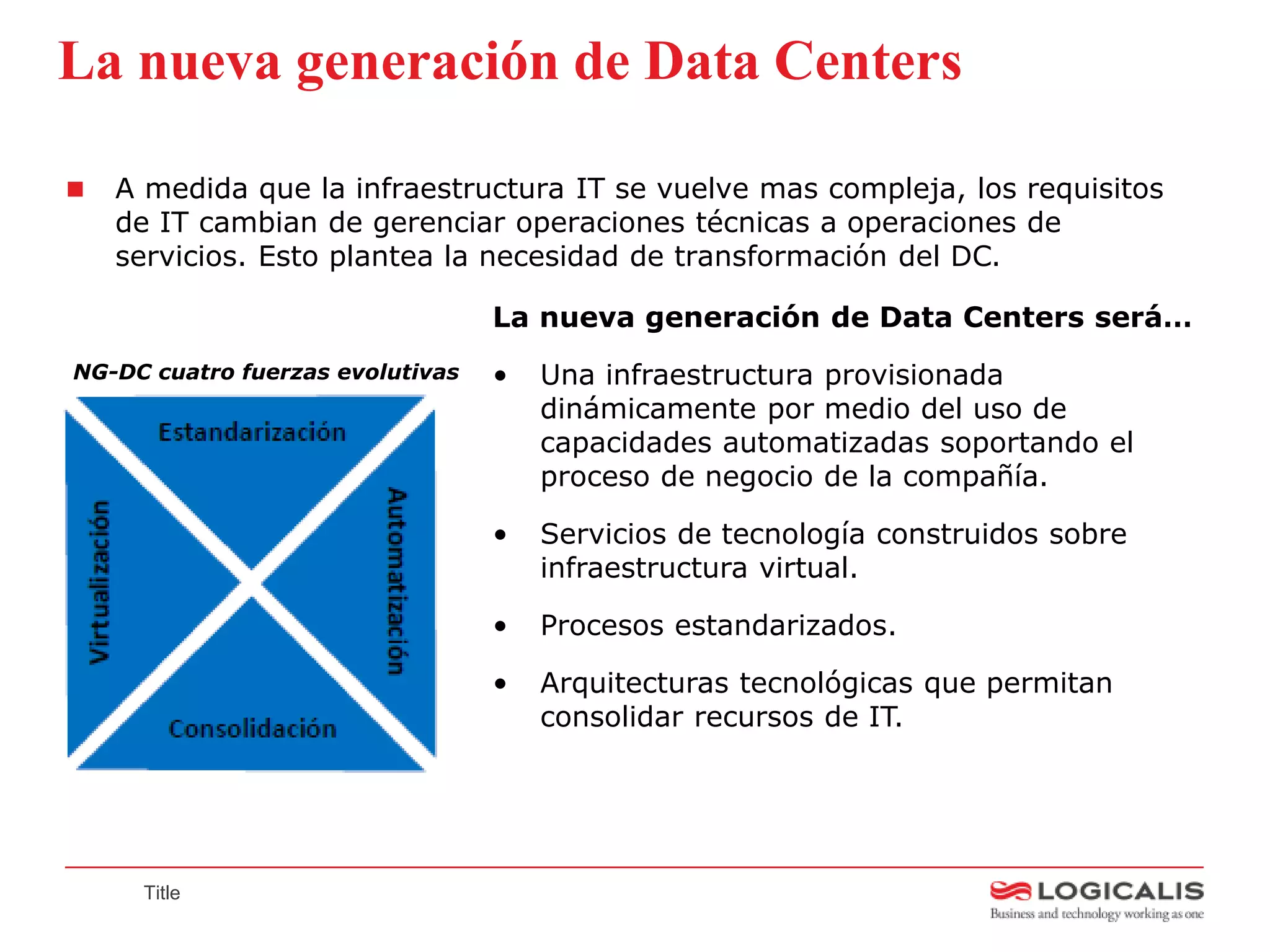 La nueva generación de Data Centers

   A medida que la infraestructura IT se vuelve mas compleja, los requisitos
    de IT cambian de gerenciar operaciones técnicas a operaciones de
    servicios. Esto plantea la necesidad de transformación del DC.

                                  La nueva generación de Data Centers será…
NG-DC cuatro fuerzas evolutivas   •   Una infraestructura provisionada
                                      dinámicamente por medio del uso de
                                      capacidades automatizadas soportando el
                                      proceso de negocio de la compañía.

                                  •   Servicios de tecnología construidos sobre
                                      infraestructura virtual.

                                  •   Procesos estandarizados.

                                  •   Arquitecturas tecnológicas que permitan
                                      consolidar recursos de IT.




     Title
 