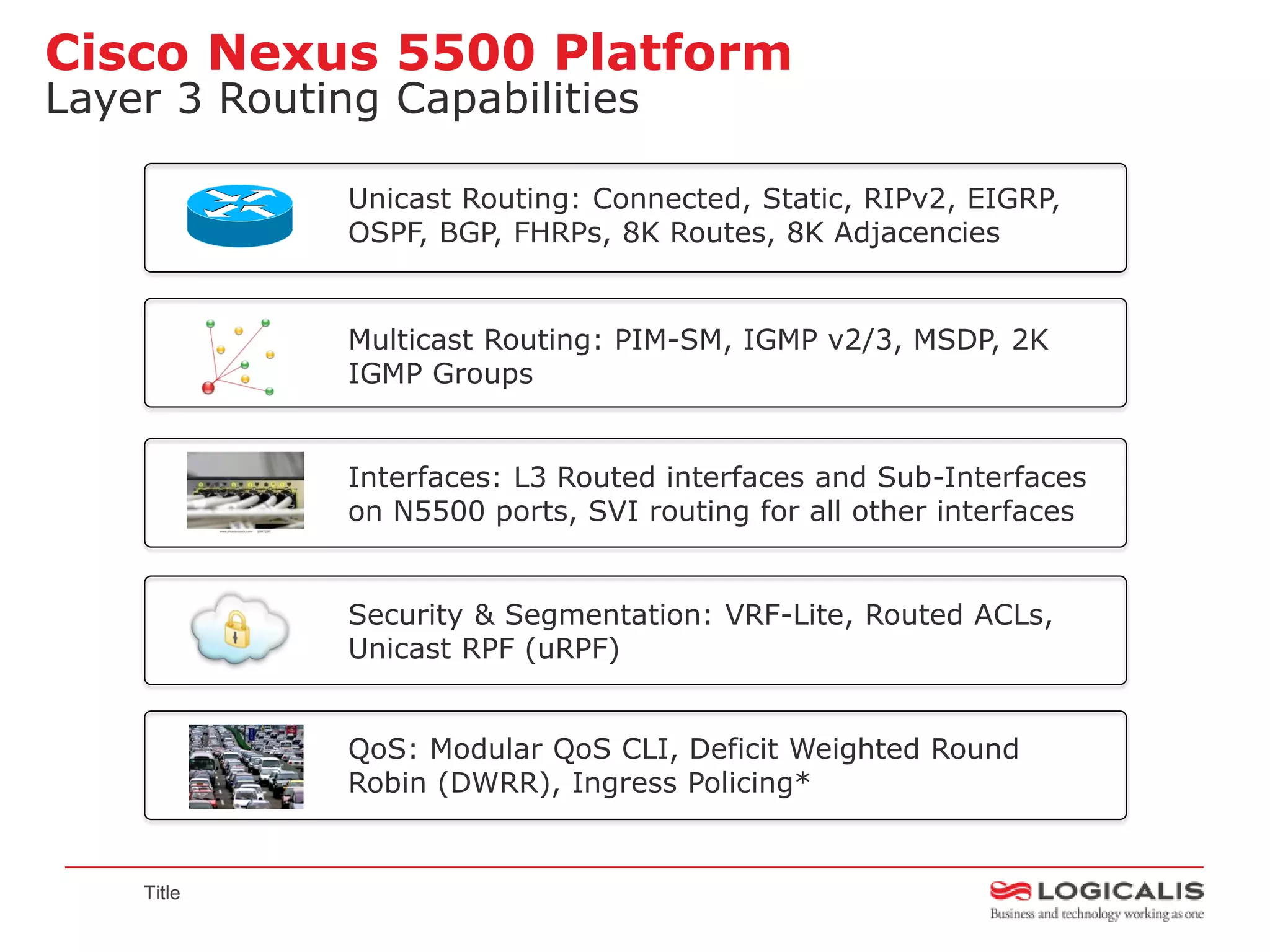 Cisco Nexus 5500 Platform
Layer 3 Routing Capabilities

              Unicast Routing: Connected, Static, RIPv2, EIGRP,
              OSPF, BGP, FHRPs, 8K Routes, 8K Adjacencies


              Multicast Routing: PIM-SM, IGMP v2/3, MSDP, 2K
              IGMP Groups


              Interfaces: L3 Routed interfaces and Sub-Interfaces
              on N5500 ports, SVI routing for all other interfaces


              Security & Segmentation: VRF-Lite, Routed ACLs,
              Unicast RPF (uRPF)


              QoS: Modular QoS CLI, Deficit Weighted Round
              Robin (DWRR), Ingress Policing*


    Title
 