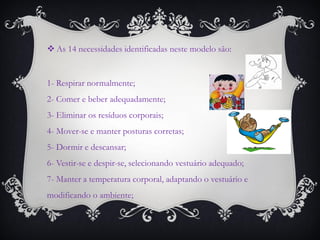  As 14 necessidades identificadas neste modelo são:


1- Respirar normalmente;
2- Comer e beber adequadamente;
3- Eliminar os resíduos corporais;
4- Mover-se e manter posturas corretas;
5- Dormir e descansar;
6- Vestir-se e despir-se, selecionando vestuário adequado;
7- Manter a temperatura corporal, adaptando o vestuário e
modificando o ambiente;
 