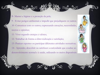 8- Manter a higiene e a proteção da pele; 9- Evitar perigos ambientais e impedir que prejudiquem os outros; 10- Comunicar com os outros, expressando emoções, necessidades, receios e opiniões; 11- Viver segundo crenças e valores; 12- Trabalhar de forma a obter realização e satisfação; 13- Praticar esportes ou participar diferentes atividades recreativas; 14- Aprender, descobrir ou satisfazer a curiosidade que conduz ao desenvolvimento normal e à saúde, utilizando os meios disponíveis.  