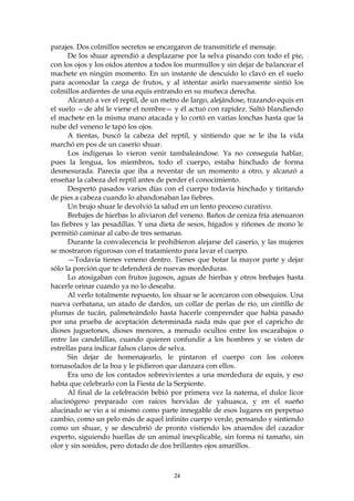 parajes. Dos colmillos secretos se encargaron de transmitirle el mensaje.
      De los shuar aprendió a desplazarse por la selva pisando con todo el pie,
con los ojos y los oídos atentos a todos los murmullos y sin dejar de balancear el
machete en ningún momento. En un instante de descuido lo clavó en el suelo
para acomodar la carga de frutos, y al intentar asirlo nuevamente sintió los
colmillos ardientes de una equis entrando en su muñeca derecha.
      Alcanzó a ver el reptil, de un metro de largo, alejándose, trazando equis en
el suelo —de ahí le viene el nombre— y él actuó con rapidez. Saltó blandiendo
el machete en la misma mano atacada y lo cortó en varias lonchas hasta que la
nube del veneno le tapó los ojos.
      A tientas, buscó la cabeza del reptil, y sintiendo que se le iba la vida
marchó en pos de un caserío shuar.
      Los indígenas lo vieron venir tambaleándose. Ya no conseguía hablar,
pues la lengua, los miembros, todo el cuerpo, estaba hinchado de forma
desmesurada. Parecía que iba a reventar de un momento a otro, y alcanzó a
enseñar la cabeza del reptil antes de perder el conocimiento.
      Despertó pasados varios días con el cuerpo todavía hinchado y tiritando
de pies a cabeza cuando lo abandonaban las fiebres.
      Un brujo shuar le devolvió la salud en un lento proceso curativo.
      Brebajes de hierbas lo aliviaron del veneno. Baños de ceniza fría atenuaron
las fiebres y las pesadillas. Y una dieta de sesos, hígados y riñones de mono le
permitió caminar al cabo de tres semanas.
      Durante la convalecencia le prohibieron alejarse del caserío, y las mujeres
se mostraron rigurosas con el tratamiento para lavar el cuerpo.
      —Todavía tienes veneno dentro. Tienes que botar la mayor parte y dejar
sólo la porción que te defenderá de nuevas mordeduras.
      Lo atosigaban con frutos jugosos, aguas de hierbas y otros brebajes hasta
hacerle orinar cuando ya no lo deseaba.
      Al verlo totalmente repuesto, los shuar se le acercaron con obsequios. Una
nueva cerbatana, un atado de dardos, un collar de perlas de río, un cintillo de
plumas de tucán, palmeteándolo hasta hacerle comprender que había pasado
por una prueba de aceptación determinada nada más que por el capricho de
dioses juguetones, dioses menores, a menudo ocultos entre los escarabajos o
entre las candelillas, cuando quieren confundir a los hombres y se visten de
estrellas para indicar falsos claros de selva.
      Sin dejar de homenajearlo, le pintaron el cuerpo con los colores
tornasolados de la boa y le pidieron que danzara con ellos.
      Era uno de los contados sobrevivientes a una mordedura de equis, y eso
había que celebrarlo con la Fiesta de la Serpiente.
      Al final de la celebración bebió por primera vez la natema, el dulce licor
alucinógeno preparado con raíces hervidas de yahuasca, y en el sueño
alucinado se vio a sí mismo como parte innegable de esos lugares en perpetuo
cambio, como un pelo más de aquel infinito cuerpo verde, pensando y sintiendo
como un shuar, y se descubrió de pronto vistiendo los atuendos del cazador
experto, siguiendo huellas de un animal inexplicable, sin forma ni tamaño, sin
olor y sin sonidos, pero dotado de dos brillantes ojos amarillos.



                                        24
 