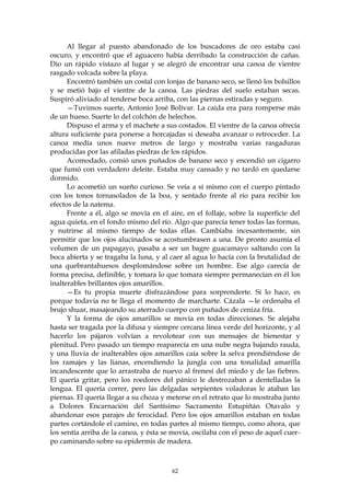 Al llegar al puesto abandonado de los buscadores de oro estaba casi
oscuro, y encontró que el aguacero había derribado la construcción de cañas.
Dio un rápido vistazo al lugar y se alegró de encontrar una canoa de vientre
rasgado volcada sobre la playa.
      Encontró también un costal con lonjas de banano seco, se llenó los bolsillos
y se metió bajo el vientre de la canoa. Las piedras del suelo estaban secas.
Suspiró aliviado al tenderse boca arriba, con las piernas estiradas y seguro.
      —Tuvimos suerte, Antonio José Bolívar. La caída era para romperse más
de un hueso. Suerte lo del colchón de helechos.
      Dispuso el arma y el machete a sus costados. El vientre de la canoa ofrecía
altura suficiente para ponerse a horcajadas si deseaba avanzar o retroceder. La
canoa medía unos nueve metros de largo y mostraba varias rasgaduras
producidas por las afiladas piedras de los rápidos.
      Acomodado, comió unos puñados de banano seco y encendió un cigarro
que fumó con verdadero deleite. Estaba muy cansado y no tardó en quedarse
dormido.
      Lo acometió un sueño curioso. Se veía a sí mismo con el cuerpo pintado
con los tonos tornasolados de la boa, y sentado frente al río para recibir los
efectos de la natema.
      Frente a él, algo se movía en el aire, en el follaje, sobre la superficie del
agua quieta, en el fondo mismo del río. Algo que parecía tener todas las formas,
y nutrirse al mismo tiempo de todas ellas. Cambiaba incesantemente, sin
permitir que los ojos alucinados se acostumbrasen a una. De pronto asumía el
volumen de un papagayo, pasaba a ser un bagre guacamayo saltando con la
boca abierta y se tragaba la luna, y al caer al agua lo hacía con la brutalidad de
una quebrantahuesos desplomándose sobre un hombre. Ese algo carecía de
forma precisa, definible, y tomara lo que tomara siempre permanecían en él los
inalterables brillantes ojos amarillos.
      —Es tu propia muerte disfrazándose para sorprenderte. Si lo hace, es
porque todavía no te llega el momento de marcharte. Cázala —le ordenaba el
brujo shuar, masajeando su aterrado cuerpo con puñados de ceniza fría.
      Y la forma de ojos amarillos se movía en todas direcciones. Se alejaba
hasta ser tragada por la difusa y siempre cercana línea verde del horizonte, y al
hacerlo los pájaros volvían a revolotear con sus mensajes de bienestar y
plenitud. Pero pasado un tiempo reaparecía en una nube negra bajando rauda,
y una lluvia de inalterables ojos amarillos caía sobre la selva prendiéndose de
los ramajes y las lianas, encendiendo la jungla con una tonalidad amarilla
incandescente que lo arrastraba de nuevo al frenesí del miedo y de las fiebres.
El quería gritar, pero los roedores del pánico le destrozaban a dentelladas la
lengua. El quería correr, pero las delgadas serpientes voladoras le ataban las
piernas. El quería llegar a su choza y meterse en el retrato que lo mostraba junto
a Dolores Encarnación del Santísimo Sacramento Estupiñán Otavalo y
abandonar esos parajes de ferocidad. Pero los ojos amarillos estaban en todas
partes cortándole el camino, en todas partes al mismo tiempo, como ahora, que
los sentía arriba de la canoa, y ésta se movía, oscilaba con el peso de aquel cuer-
po caminando sobre su epidermis de madera.



                                        62
 