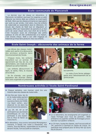 23
Enseignement
Nombreuses activités à l’école Saint-Ferdinand
l Chaque semaine, une maman vient lire une
histoire dans les classes de maternelle.
l Une fois par mois, les 2e
et 3e maternelles partent
avec une animatrice,
Laurence Denis de l'ASBL
«La leçon verte», pour
observer la vie dans les
bois à travers les saisons.
l Les 3P, 4P, 5P et 6P
participent aux jeunesses
scientifiques en vue de
participer à une exposi-
tion à «Tour et Taxis» au
mois d'avril.
l En décembre, nous avons rencontré Monseigneur
Léonard. Il faisait une visite à l'Essentiel, nos
voisins. Tous les élèves, rassemblés sur le parking
devant l'école, l'ont accueilli en chantant.
l Le 12 décembre, les enseignants ont organisé un
repas fromage pour tous les parents... Belle
ambiance et superbe variété de fromages prove-
nant de «La Casière» à Wavre.
l Le 16 mars, toutes les classes, sauf nos accueils et
1M, partiront à Clerheid en classe de cirque. Un
spectacle sera préparé pour la fancy-fair qui aura
lieu le 26 avril.
Les élèves des classes mater-
nelles sont partis à la découverte
des animaux présents dans
l'environnement de l'école.
Chaque mois, les enfants
travaillent sur un animal. Ils
apprennent son lieu de vie, son
alimentation, son mode de vie et
réalisent sa carte d'identité.
Les enfants découvriront le
lapin, la vache, l'âne, le mouton
et le cheval.
En fin d'année, une grande
exposition des diverses réalisa-
tions sera organisée et présentée
aux parents.
La visite d'une ferme pédago-
gique sera l'aboutissement de ce
grand projet.
Ecole Saint-Joseph : découverte des animaux de la ferme
Ecole communale de Plancenoit
Le dernier jour de classe en décembre, à
Plancenoit, la tradition veut que l'on organise un petit
déjeuner qui donne déjà aux enfants un avant-goût
de Noël. Alors que les classes primaires se regroupent
par cycle ou par année, c'est selon, tous les enfants
de maternelle se rassemblent dans le réfectoire. On
écoute des chants de Noël tout en dégustant un
cougnou offert par l'association de parents et un bon
verre de cacao chaud venu tout droit de la ferme.
C'est l'occasion aussi de s'échanger des petits
cadeaux et s'ils ont été confectionnés à la maison,
c'est encore mieux. Noël a son côté magique et
fraternel qu'il faut faire perdurer chez nos enfants.
 
