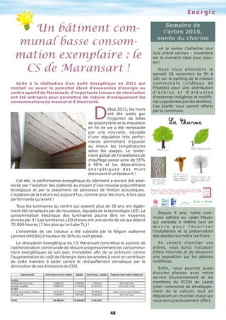 Energie
Un bâtiment com-
munal basse consom-
mation exemplaire : le
CS de Maransart !
48
Suite à la réalisation d'un audit énergétique en 2011 qui
mettait en avant le potentiel élevé d'économies d'énergie au
centre sportif de Maransart, d'importants travaux de rénovation
ont été entrepris pour permettre de réduire drastiquement les
consommations de mazout et d'électricité.
Début 2013, les murs
ont été isolés par
l'injection de billes
de polystyrène et la chaudière
en fin de vie a été remplacée
par une nouvelle, équipée
d'une régulation très perfor-
mante permettant d'ajuster
au mieux les températures
selon les usages. Le rende-
ment global de l'installation de
chauffage passe ainsi de 55%
à 90% et les déperditions
é n e r g é t i q u e s d e s m u r s
diminuent d'un facteur 6 !
Cet été, la performance énergétique du bâtiment a encore été amé-
liorée par l'isolation des plafonds au moyen d'une mousse polyuréthane
écologique et par le placement de panneaux de finition acoustiques.
L'isolation de la toiture est aujourd'hui, comme pour les murs, 6 fois plus
performante qu'avant !
Tous les luminaires du centre qui avaient plus de 30 ans ont égale-
ment été remplacés par de nouveaux, équipés de la technologie LED. La
consommation électrique des luminaires pourra être en moyenne
divisée par 4 ! Les luminaires LED choisis ont une durée de vie qui atteint
70.000 heures (7 fois plus qu'un tube TL) !
L'ensemble de ces travaux a été subsidié par la Région wallonne
(primes UREBA) à hauteur de 36% du coût global.
La rénovation énergétique du CS Maransart concrétise le souhait de
l'administration communale de réduire progressivement les consomma-
tions énergétiques de son parc immobilier afin de se prémunir contre
l'augmentation du coût de l'énergie dans les années à venir et contribuer
de cette manière à lutter contre le réchauffement climatique par la
diminution de ses émissions de CO2.
Semaine de
l'arbre 2015,
année du charme
«A la sainte Catherine tout
bois prend racine» : novembre
est le moment idéal pour plan-
ter!
Nous vous attendons le
samedi 28 novembre de 9h à
12h sur le parking de la maison
c o m m u n a l e ( c h â t e a u d e
l'Hyette) pour une distribution
d ' a r b r e s e t d ' a r b u s t e s
d'essences indigènes et mellifè-
res (appréciées par les abeilles).
Ces plants vous seront offerts
par la commune.
Depuis 4 ans, notre com-
mune adhère au «plan Maya»
qui consiste à mettre tout en
œ u v r e p o u r f a v o r i s e r
l'installation et la préservation
des abeilles sur notre territoire.
En venant chercher vos
arbres, vous aurez l'occasion
d'être informés et de découvrir
une exposition sur les plantes
mellifères.
Enfin, vous pourrez aussi
discuter plantes avec notre
service Environnement et les
membres du PCDN de Lasne
(plan communal de développe-
ment de la nature) tout en
dégustant un chocolat chaud qui
vous sera gracieusement offert.
 