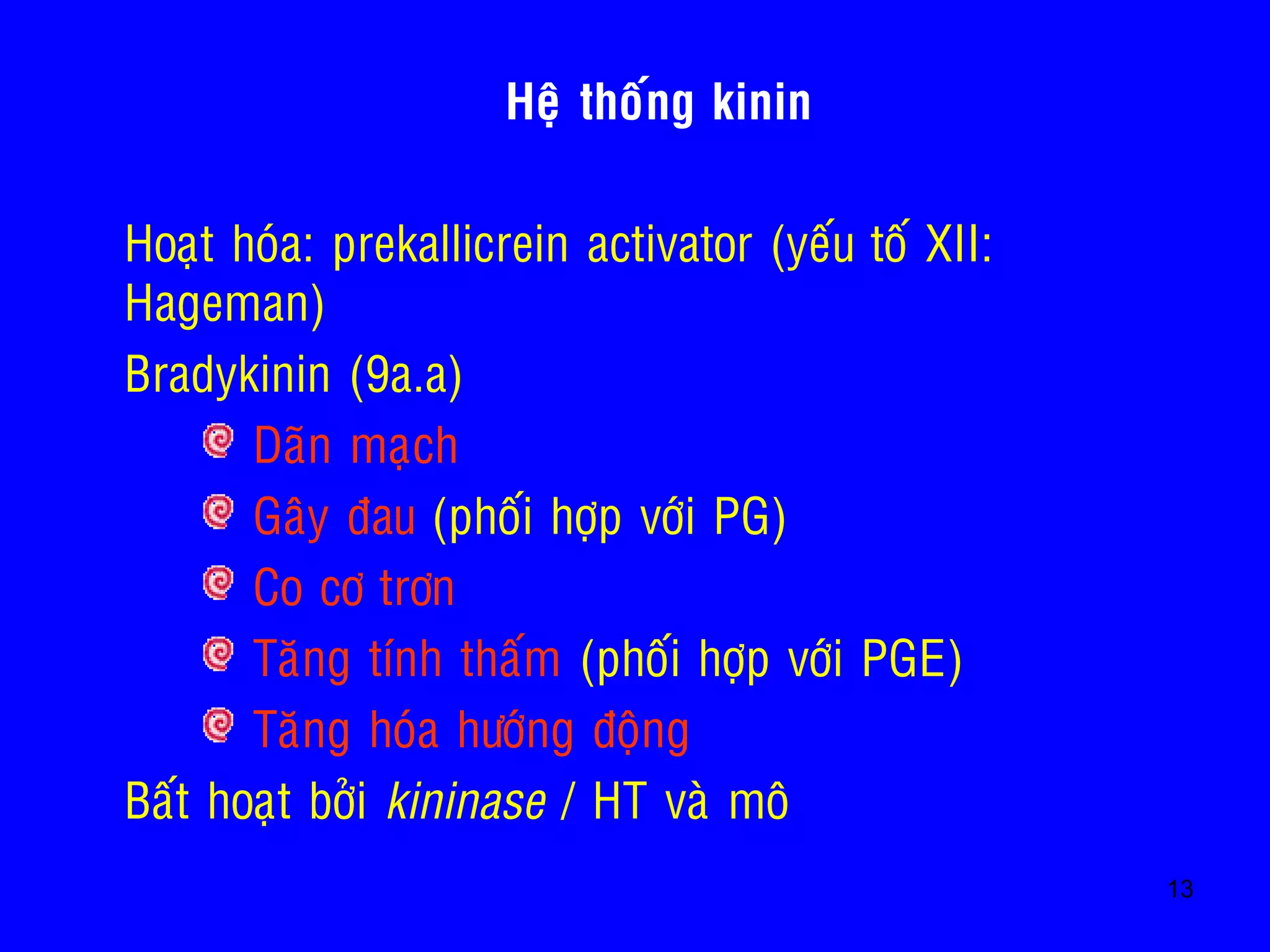 13
• Heä thoáng kinin
• Hoaït hoùa: prekallicrein activator (yeáu toá XII:
Hageman)
• Bradykinin (9a.a)
Daõn maïch
Gaây ñau (phoái hôïp vôùi PG)
Co cô trôn
Taêng tính thaám (phoái hôïp vôùi PGE)
Taêng hoùa höôùng ñoäng
• Baát hoaït bôûi kininase / HT vaø moâ
 
