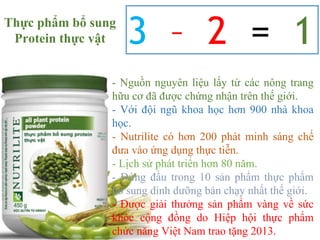 3 – 2 = 1
- Nguồn nguyên liệu lấy từ các nông trang
hữu cơ đã được chứng nhận trên thế giới.
- Với đội ngũ khoa học hơn 900 nhà khoa
học.
- Nutrilite có hơn 200 phát minh sáng chế
đưa vào ứng dụng thực tiễn.
- Lịch sử phát triển hơn 80 năm.
- Đứng đầu trong 10 sản phẩm thực phẩm
bổ sung dinh dưỡng bán chạy nhất thế giới.
- Được giải thưởng sản phẩm vàng về sức
khỏe cộng đồng do Hiệp hội thực phẩm
chức năng Việt Nam trao tặng 2013.
Thực phẩm bổ sung
Protein thực vật
 