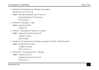 Trần Thị Ngọc Mai – Lê Mạnh Thông Y2011E – Tổ 28
VIÊM MÀNG NÃO 19
 Meropenem 120 mg/kg/ngày chia 3 lần/ngày (max 6 g/ngày).
Pha Glucose 5% tỉ lệ 10 mg:1 mL.
Y lệnh: Medozopen (Merugold) 1 g/20 mL nước cất
40 mg/kg pha Dextrose 5% đủ 4 mL/kg
TTM 4 mL/kg/h × 3
 Gentamycin 5 mg/kg/ngày × 5 ngày.
Y lệnh: Gentamycin 0,080 g
5 mg/kg (TB)
 Amikacin 15 mg/kg/ngày đủ 5 ngày (max 1,5 g/ngày).
Y lệnh: Vinphacin 0,5 g/100 mL Dextrose 5%
15 mg/kg (3 mL/kg)
TTM 6 mL/kg/h
 Ciprofloxacin 30 mg/kg/ngày chia 2 lần/ngày (max (uống) 750 mg/liều, (TTM) 400 mg/liều).
Y lệnh: Ciprofloxacin 0,2 g/100 mL
15 mg/kg (7,5 mL/kg)
TTM 15 mL/kg/h × 2
 Pefloxacin 20 – 30 mg/kg/ngày chia 2 – 3 lần/ngày.
Y lệnh: Pefloxacin 0,4 g/5 mL
10 mg/kg pha Dextrose 5% đủ 25 mL
TTM 50 mL/h × 3
 