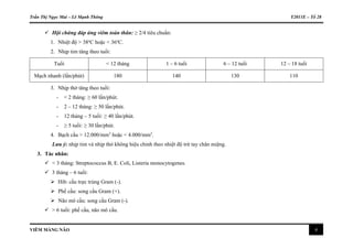 Trần Thị Ngọc Mai – Lê Mạnh Thông Y2011E – Tổ 28
VIÊM MÀNG NÃO 4
 Hội chứng đáp ứng viêm toàn thân: ≥ 2/4 tiêu chuẩn:
1. Nhiệt độ > 38o
C hoặc < 36o
C.
2. Nhịp tim tăng theo tuổi:
Tuổi < 12 tháng 1 – 6 tuổi 6 – 12 tuổi 12 – 18 tuổi
Mạch nhanh (lần/phút) 180 140 130 110
3. Nhịp thở tăng theo tuổi:
- < 2 tháng: ≥ 60 lần/phút.
- 2 – 12 tháng: ≥ 50 lần/phút.
- 12 tháng – 5 tuổi: ≥ 40 lần/phút.
- ≥ 5 tuổi: ≥ 30 lần/phút.
4. Bạch cầu > 12.000/mm3
hoặc < 4.000/mm3
.
Lưu ý: nhịp tim và nhịp thở không hiệu chỉnh theo nhiệt độ trừ tay chân miệng.
3. Tác nhân:
 < 3 tháng: Streptococcus B, E. Coli, Listeria monocytogenes.
 3 tháng – 6 tuổi:
 Hib: cầu trực trùng Gram (-).
 Phế cầu: song cầu Gram (+).
 Não mô cầu: song cầu Gram (-).
 > 6 tuổi: phế cầu, não mô cầu.
 