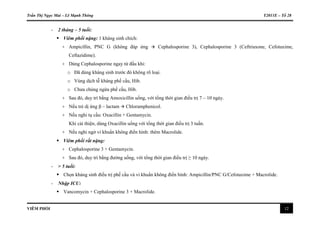 Trần Thị Ngọc Mai – Lê Mạnh Thông Y2011E – Tổ 28
VIÊM PHỔI 12
- 2 tháng – 5 tuổi:
 Viêm phổi nặng: 1 kháng sinh chích:
+ Ampicillin, PNC G (không đáp ứng  Cephalosporine 3), Cephalosporine 3 (Ceftriaxone, Cefotaxime,
Ceftazidime).
+ Dùng Cephalosporine ngay từ đầu khi:
o Đã dùng kháng sinh trước đó không rõ loại.
o Vùng dịch tễ kháng phế cầu, Hib.
o Chưa chủng ngừa phế cầu, Hib.
+ Sau đó, duy trì bằng Amoxicillin uống, với tổng thời gian điều trị 7 – 10 ngày.
+ Nếu trẻ dị ứng β – lactam  Chloramphenicol.
+ Nếu nghi tụ cầu: Oxacillin + Gentamycin.
Khi cải thiện, dùng Oxacillin uống với tổng thời gian điều trị 3 tuần.
+ Nếu nghi ngờ vi khuẩn không điển hình: thêm Macrolide.
 Viêm phổi rất nặng:
+ Cephalosporine 3 + Gentamycin.
+ Sau đó, duy trì bằng đường uống, với tổng thời gian điều trị ≥ 10 ngày.
- > 5 tuổi:
 Chọn kháng sinh điều trị phế cầu và vi khuẩn không điển hình: Ampicillin/PNC G/Cefotaxime + Macrolide.
- Nhập ICU:
 Vancomycin + Cephalosporine 3 + Macrolide.
 