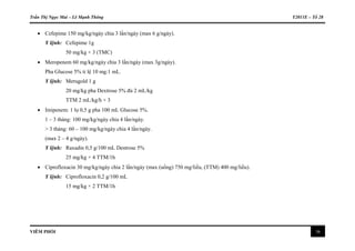 Trần Thị Ngọc Mai – Lê Mạnh Thông Y2011E – Tổ 28
VIÊM PHỔI 16
 Cefepime 150 mg/kg/ngày chia 3 lần/ngày (max 6 g/ngày).
Y lệnh: Cefepime 1g
50 mg/kg × 3 (TMC)
 Meropenem 60 mg/kg/ngày chia 3 lần/ngày (max 3g/ngày).
Pha Glucose 5% tỉ lệ 10 mg:1 mL.
Y lệnh: Merugold 1 g
20 mg/kg pha Dextrose 5% đủ 2 mL/kg
TTM 2 mL/kg/h × 3
 Imipenem: 1 lọ 0,5 g pha 100 mL Glucose 5%.
1 – 3 tháng: 100 mg/kg/ngày chia 4 lần/ngày.
> 3 tháng: 60 – 100 mg/kg/ngày chia 4 lần/ngày.
(max 2 – 4 g/ngày).
Y lệnh: Raxadin 0,5 g/100 mL Destrose 5%
25 mg/kg × 4 TTM/1h
 Ciprofloxacin 30 mg/kg/ngày chia 2 lần/ngày (max (uống) 750 mg/liều, (TTM) 400 mg/liều).
Y lệnh: Ciprofloxacin 0,2 g/100 mL
15 mg/kg × 2 TTM/1h
 