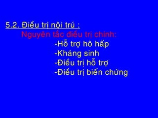 5.2. Ñieàu trò noâïi truù :
Nguyeân taéc ñieàu trò chính:
-Hoã trôï hoâ haáp
-Khaùng sinh
-Ñieàu trò hoã trôï
-Ñieàu trò bieán chöùng
 
