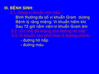 III. BEÄNH SINH:
3.1. Doøng vi khuaån muõi haàu:
Bình thöôøng:ña soá vi khuaån Gram döông
Beänh lyù raêng mieäng: Vi khuaån hieám khí
Sau 72 giôø naèm vieän:vi khuaån Gram aâm
3.2 . Cô cheá ñeà khaùng cuûa ñöôøng hoâ haáp:
3.3 Vi khuaån vaøo phoåi theo 2 ñöôøng chaùnh:
- ñöôøng hoâ haáp
- ñöôøng maùu
 