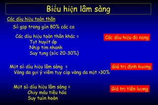 Các dấu hiệu toàn thân
Biểu hiện lâm sàng
Số gặp trong gần 80% các ca
Một số dấu hiệu lâm sàng =
Vàng da gợi ý viêm tụy cấp vàng da mật >30%
Các dấu hiệu toàn thân khác =
Tụt huyết áp
Nhịp tim nhanh
Suy tạng (sốc 20-30%)
Một số dấu hiệu lâm sàng =
Chảy máu tiêu hóa
Suy tuần hoàn
Các dấu hiệu độ nặng
Giá trị định hướng
Giá trị tiên lượng
 