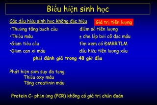 Protein C- phản ứng (PCR) không có giá trị chẩn đoán
Biểu hiện sinh học
Các dấu hiệu sinh học không đặc hiệu
•Thường tăng bạch cầu điểm số tiên lượng
•Thiếu máu ± che lấp bởi cô đặc máu
•Giảm tiểu cầu tìm xem có ĐMRRTLM
•Giảm can xi máu dấu hiệu tiên lượng xấu
phải đánh giá trong 48 giờ đầu
Phát hiện sớm suy đa tạng
Thiếu oxy máu
Tăng creatinin máu
Giá trị tiên lượng
 