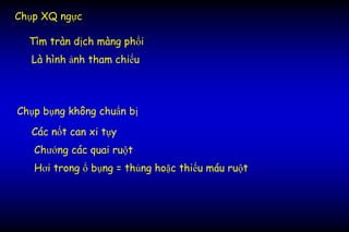 Chụp XQ ngực
Tìm tràn dịch màng phổi
Là hình ảnh tham chiếu
Chụp bụng không chuẩn bị
Các nốt can xi tụy
Hơi trong ổ bụng = thủng hoặc thiếu máu ruột
Chướng các quai ruột
 