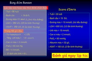 - Tuổi > 55 tuổi
- Bạch cầu > 16 G/L
- Đường máu> 11 mmol /L (trừ tiểu đường))
- LDH > 350 U/L (1,5 lần bình thường)
- ASAT > 250 U/L (6 lần bình thường)
- Tụt hematocrit > 1 0%
- Tăng urê máu > 1,8 mmol/L
- Can xi máu < 2 mmol/L
- PaO2 < 60 mm Hg
- BE > 4 mmol/L
- Ứ dịch ước tính > 6 L
Bảng điểm Ranson
Lúc vào viện hoặc vào thời điểm chẩn đoán
Trong 48 giờ đầu
- Tuổi > 55 tuổi
- Bạch cầu > 15 G/L
- Đường máu > 10 mmol/L (trừ tiểu đường)
- LDH > 600 U/L (3,5 lần bình thường)
- Urê máu > 16 mmol/L
- Can xi máu < 2 mmol/L
- PaO2 < 60 mmHg
- Albumin máu < 32 g/L
- ASAT > 100 U/L (2 lần bình thường)
Đánh giá ngay lập tức
Score d’Imrie
 