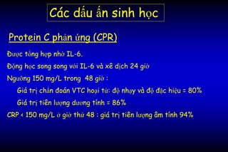 Được tổng hợp nhờ IL-6.
Động học song song với IL-6 và xê dịch 24 giờ
Ngưỡng 150 mg/L trong 48 giờ :
Giá trị chẩn đoán VTC hoại tử: độ nhạy và độ đặc hiệu = 80%
Giá trị tiên lượng dương tính = 86%
CRP < 150 mg/L ở giờ thứ 48 : giá trị tiên lượng âm tính 94%
Protein C phản ứng (CPR)
Các dấu ấn sinh học
 