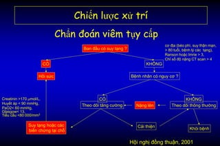 Chiến lược xử trí
Nặng lên
CÓ
Theo dõi tăng cường
Ban đầu có suy tạng ?
CÓ
Hồi sức
Cải thiện
Chẩn đoán viêm tụy cấp
Hội nghị đồng thuận, 2001
KHÔNG
KHÔNG
Bệnh nhân có nguy cơ ?
Theo dõi thông thường
Khỏi bệnh
cơ địa (béo phì, suy thận mạn,
> 80 tuổi, bệnh lý các tạng),
Ranson hoặc Imrie > 3,
Chỉ số độ nặng CT scan > 4
Suy tạng hoặc các
biến chứng tại chỗ
Creatinin >170 mol/L,
Huyết áp < 90 mmHg,
PaO2< 60 mmHg,
Glasgow< 13,
Tiểu cầu <80 000/mm3
 