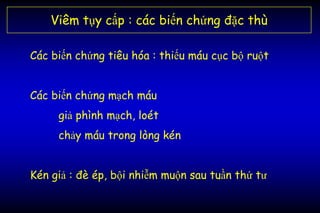 Viêm tụy cấp : các biến chứng đặc thù
Các biến chứng tiêu hóa : thiếu máu cục bộ ruột
Các biến chứng mạch máu
giả phình mạch, loét
chảy máu trong lòng kén
Kén giả : đè ép, bội nhiễm muộn sau tuần thứ tư
 