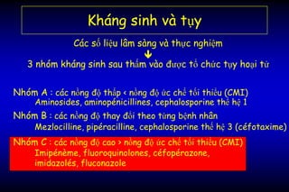 Kháng sinh và tụy
Các số liệu lâm sàng và thực nghiệm

3 nhóm kháng sinh sau thấm vào được tổ chức tụy hoại tử
Nhóm A : các nồng độ thấp < nồng độ ức chế tối thiểu (CMI)
Aminosides, aminopénicillines, cephalosporine thế hệ 1
Nhóm B : các nồng độ thay đổi theo từng bệnh nhân
Mezlocilline, pipéracilline, cephalosporine thế hệ 3 (céfotaxime)
Nhóm C : các nồng độ cao > nồng độ ức chế tối thiểu (CMI)
Imipénème, fluoroquinolones, céfopérazone,
imidazolés, fluconazole
 
