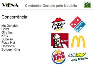 Concorrência: Mc Donalds Bob's Giraffas KFC Subway Pizza Hut Domino's Burguer King 