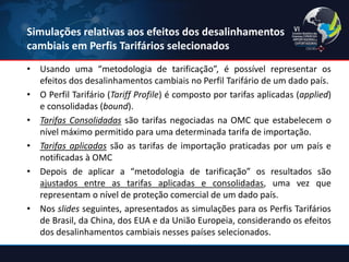 Simulações relativas aos efeitos dos desalinhamentos cambiais em Perfis Tarifários selecionados 
•Usando uma “metodologia de tarificação”, é possível representar os efeitos dos desalinhamentos cambiais no Perfil Tarifário de um dado país. 
•O Perfil Tarifário (Tariff Profile) é composto por tarifas aplicadas (applied) e consolidadas (bound). 
•Tarifas Consolidadas são tarifas negociadas na OMC que estabelecem o nível máximo permitido para uma determinada tarifa de importação. 
•Tarifas aplicadas são as tarifas de importação praticadas por um país e notificadas à OMC 
•Depois de aplicar a “metodologia de tarificação” os resultados são ajustados entre as tarifas aplicadas e consolidadas, uma vez que representam o nível de proteção comercial de um dado país. 
•Nos slides seguintes, apresentados as simulações para os Perfis Tarifários de Brasil, da China, dos EUA e da União Europeia, considerando os efeitos dos desalinhamentos cambiais nesses países selecionados.  